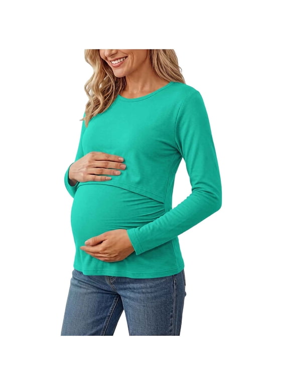 Long Sleeve Maternity Tee Women Crewneck Tunic Tops Solid Casual Basic Pregnancy Tee Soft Mama Fall Clothes Green Small