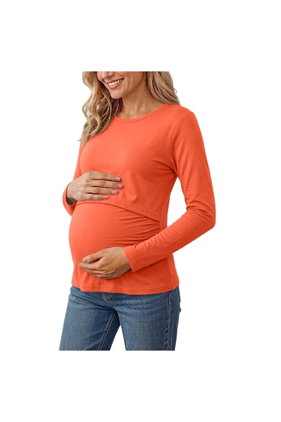 Long Sleeve Maternity Tee Women Crewneck Tunic Tops Solid Casual Basic Pregnancy Tee Soft Mama Fall Clothes Orange Small