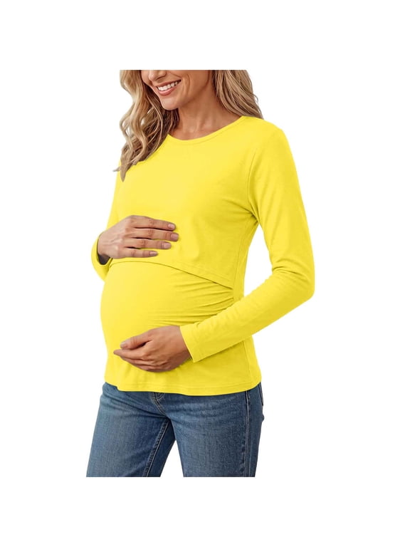 Long Sleeve Maternity Tee Women Crewneck Tunic Tops Solid Casual Basic Pregnancy Tee Soft Mama Fall Clothes Yellow Small
