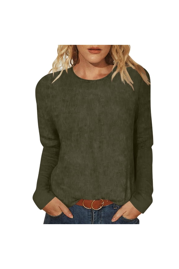 Long Sleeve T Shirts for Women Casual Crewneck Corduroy Tops Lightweight Soild Basic Blouse Lightweight Loose Tee Army Green Medium