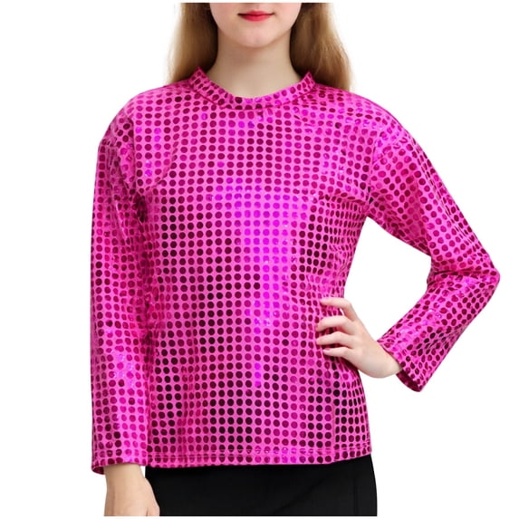 dazeni Long Sleeve Tops for Teen Girls Crewneck Metallic Dance Shirts Y2k Tops Shiny Disco Streetwear Rave Party Festivals Clothes Hot Pink 11-12 Years