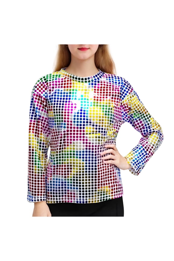Long Sleeve Tops for Teen Girls Crewneck Metallic Dance Shirts Y2k Tops Shiny Disco Streetwear Rave Party Festivals Clothes Multicolor 11-12 Years