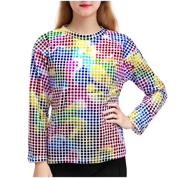 dazeni Long Sleeve Tops for Teen Girls Crewneck Metallic Dance Shirts Y2k Tops Shiny Disco Streetwear Rave Party Festivals Clothes Multicolor 3-4 Years