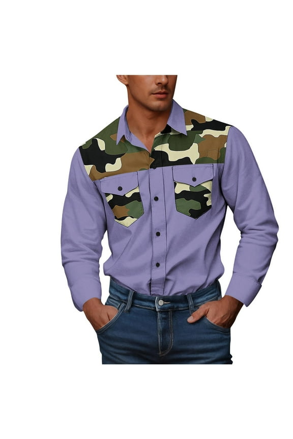 Men's Casual Button Down Shirts Camo Print Long Sleeve Blouse Western Cowboy Work T-Shirt with Pockets Big and Tall