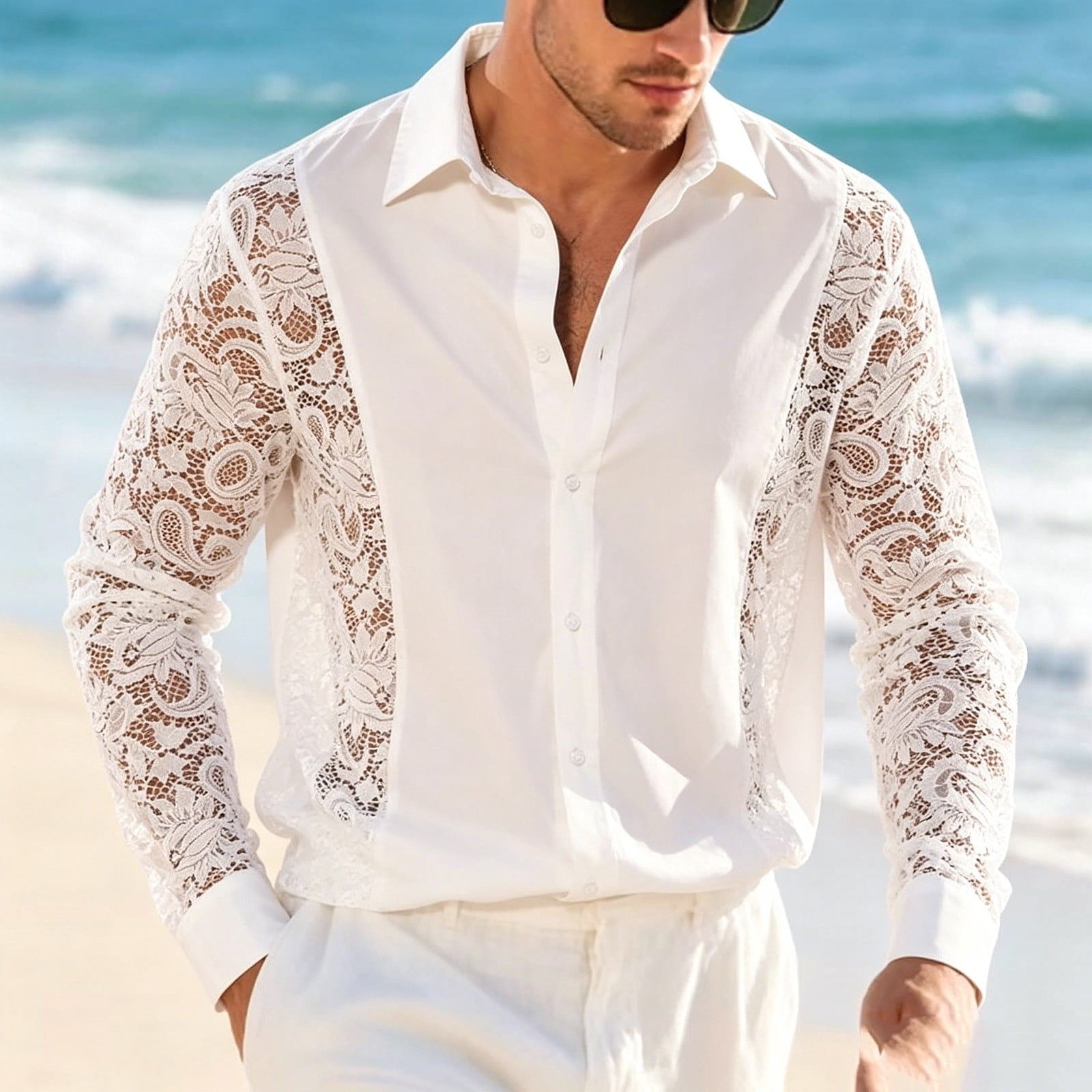 sheer dress shirt men Dazeni Men's Floral Lace Shirt Sheer See Through Long Sleeve Button Down Shirt Lapel Collar Casual Dress Shirt Wedding Party Tops White Large