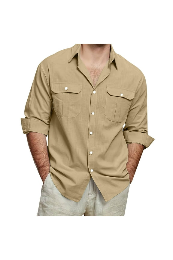 Men's Long Sleeve Button Down Shirt Casual Lapel Regular Dress Shirts Lightweight Work T Shirts Linen Comfy Blouse Plus Size