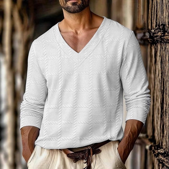 dazeni Men's Long Sleeve Shirts Casual Crewneck Pullover T-Shirt Stylish Jacquard V Neck Tee Loose Solid Tops Large White
