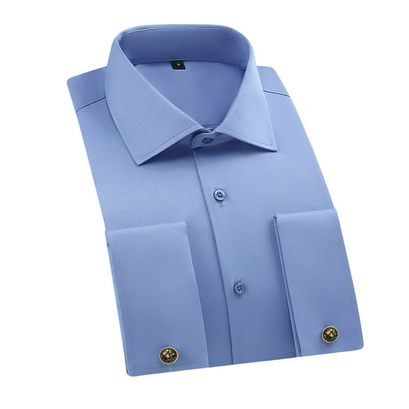 dazeni Mens Slim Fit Dress Shirts Cotton Long Sleeve Button Down Shirt Wrinkle Free Business Casual Blouse Solid Lapel Office Work Tops Blue X-Large