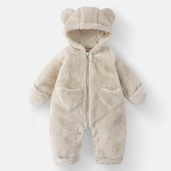 dazeni Newborn Baby Bear Outfit Suit Thick Plush Fleece Jumpsuit Romper Hooded Winter Clothes Snowsuit Coat for Infant Girls Boys Beige 0 Months