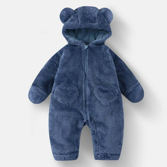 dazeni Newborn Baby Bear Outfit Suit Thick Plush Fleece Jumpsuit Romper Hooded Winter Clothes Snowsuit Coat for Infant Girls Boys Blue 6 Months