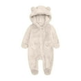 thumbnail image 1 of dazeni Newborn Baby Fleece Outfit Cozy Fuzzy Fleece Onesie Cute Teddy Bear Hooded Jumpsuit Solid Winter Romper Snowsuit Beige 9 Months, 1 of 4