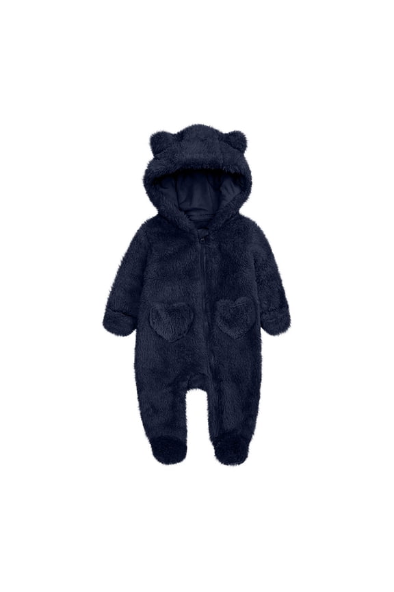 Newborn Baby Fleece Outfit Cozy Fuzzy Fleece Onesie Cute Teddy Bear Hooded Jumpsuit Solid Winter Romper Snowsuit Dark Blue 0 Months