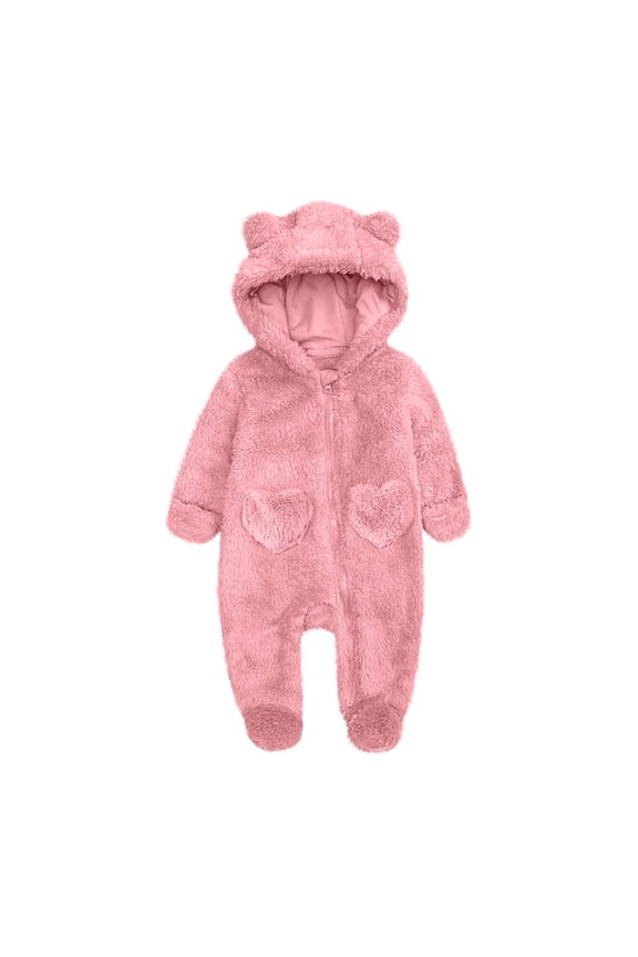 Newborn Baby Fleece Outfit Cozy Fuzzy Fleece Onesie Cute Teddy Bear Hooded Jumpsuit Solid Winter Romper Snowsuit Pink 6 Months