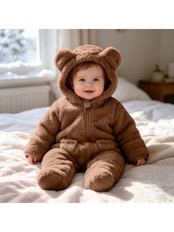 Newborn Baby Jumpsuit Cute Plush Fuzzy Bear Outfit with Hood Zip up Long Sleeve Fleece Rompers Wintrer Warm Onesie Outwear Brown 12 Months