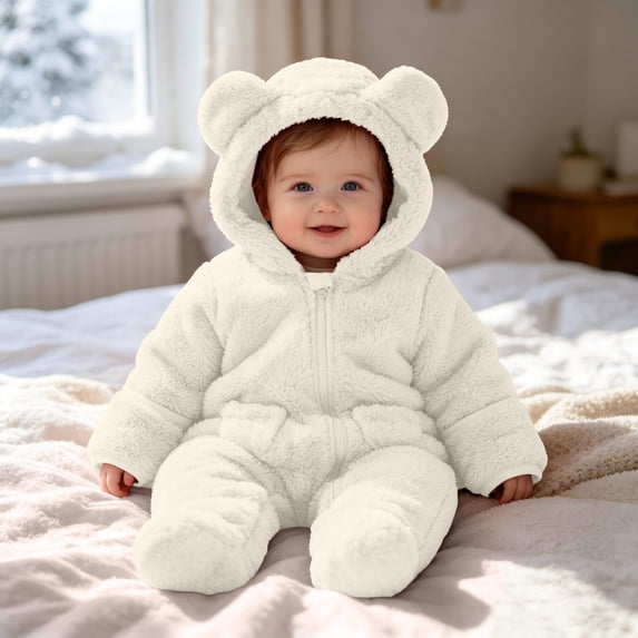 dazeni Newborn Baby Jumpsuit Cute Plush Fuzzy Bear Outfit with Hood Zip up Long Sleeve Fleece Rompers Wintrer Warm Onesie Outwear White 9 Months