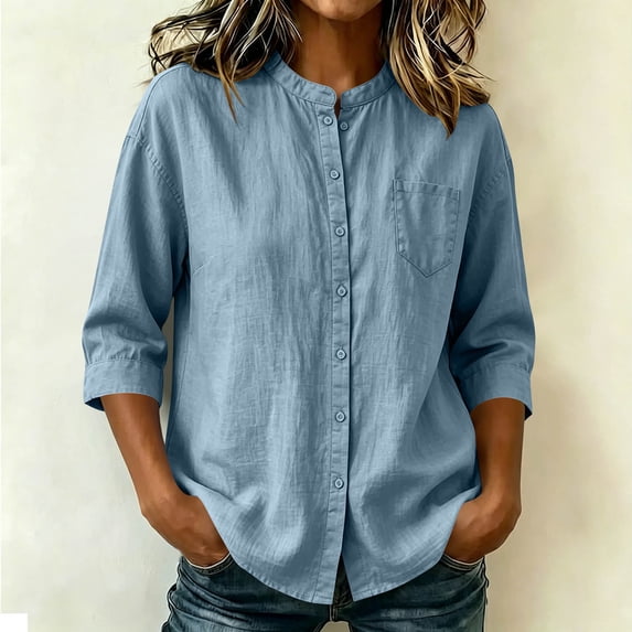 dazeni Oversized 3/4 Sleeve Linen Tee for Women Crewneck Casual Dressy Blouse Solid Button Down Shirts for Work Tavel Light Blue Medium