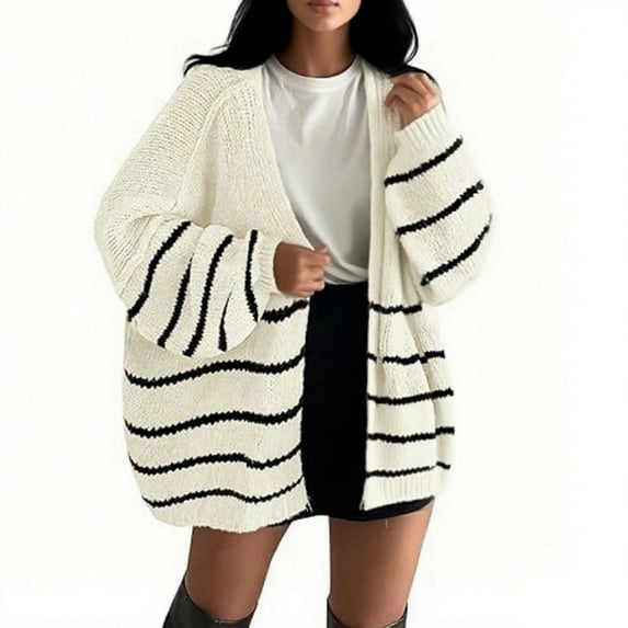 dazeni Oversized Cardigan Sweater for Women Fashion Striped Open Front Cardigan Jackets Solid Casual Fall Winter Outwear White XXL