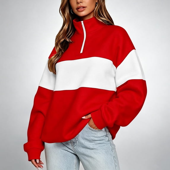 dazeni Oversized Fleece Sweatshirts for Women Color Block Half Zip Pullover Long Sleeve Sweatshirts Trendy Lightweight Fall Winter Outfits Red X-Large