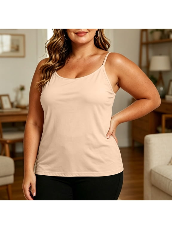 Padded Shelf Bra Plus Size Camisole for Women Adjustable Spaghetti Strap Cami Tank Top Summer Scoop Neck Undershirts Beige XXXXL