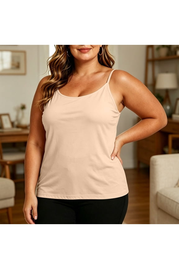 Padded Shelf Bra Plus Size Camisole for Women Adjustable Spaghetti Strap Cami Tank Top Summer Scoop Neck Undershirts Beige XXXXL