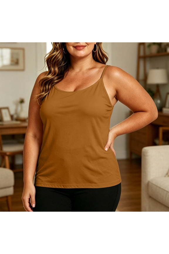 Padded Shelf Bra Plus Size Camisole for Women Adjustable Spaghetti Strap Cami Tank Top Summer Scoop Neck Undershirts Brown XXXXXL