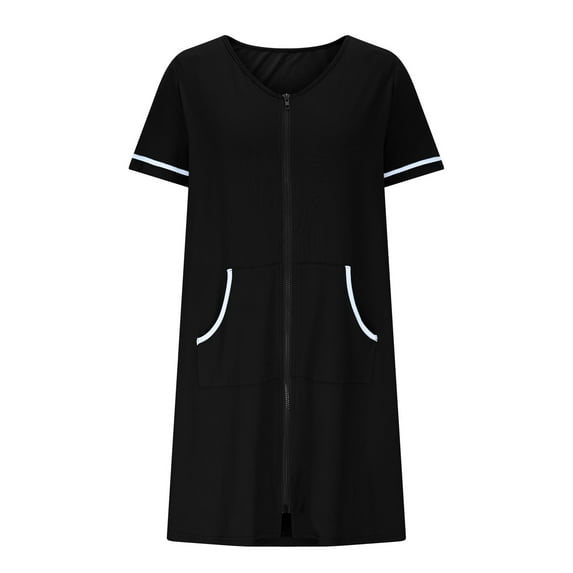 dazeni Pajama Nightgown for Women Block Color Front Zipper House Dress with Pockets Short Sleeve Nightwear Striped Caual T Shirt Sleepdress S-3XL