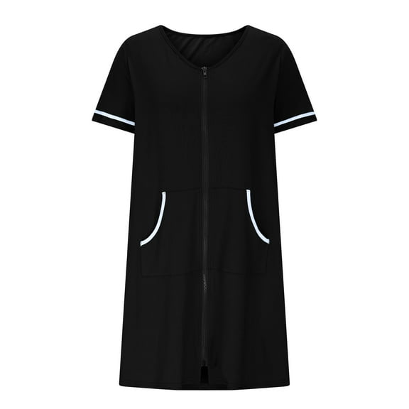 dazeni Pajama Nightgown for Women Block Color Front Zipper House Dress with Pockets Short Sleeve Nightwear Striped Caual T Shirt Sleepdress S-3XL