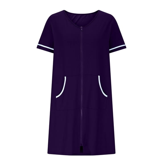 dazeni Pajama Nightgown for Women Block Color Front Zipper House Dress with Pockets Short Sleeve Nightwear Striped Caual T Shirt Sleepdress S-3XL