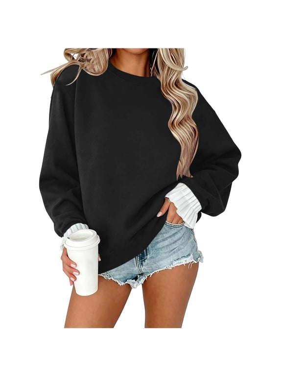 Patchwork Ruffle Cuff Sweatshirts for Women Casual Crewneck Sweatshirts Long Sleeve Workout Pullover Tops Lightweight Fleece Black Large