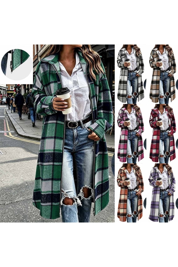 Plaid Long Shacket Jacket for Women Flannel Lapel Zip up Cardigan Jackets Lightweight Fall Winter Trench Caots Fashion Clothes Beige XX-Large