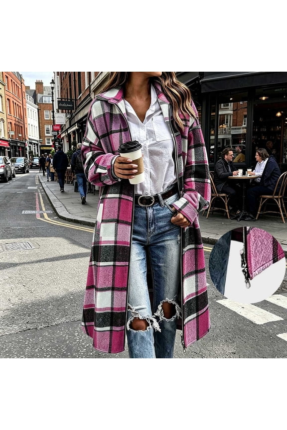 Plaid Long Shacket Jacket for Women Flannel Lapel Zip up Cardigan Jackets Lightweight Fall Winter Trench Caots Fashion Clothes Hot Pink Small
