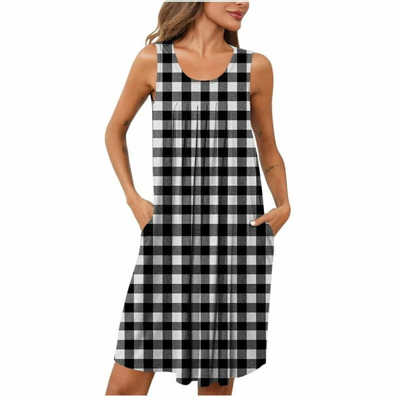 dazeni Plaid Nightgowns for Women with Pockets Flowy Sleeveless House Dress Scoop Neck Nightgown Sleepwear Chemise Night Shirt Soft Sleep Dress S-2XL