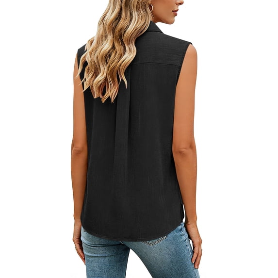 dazeni Plus Size Button Down Shirts Womens Solid Sleeveless T Shirts Casaul Dressy Work Blouse Trendy Linen Tank Tops Solid Summer Outfits Black X-Large