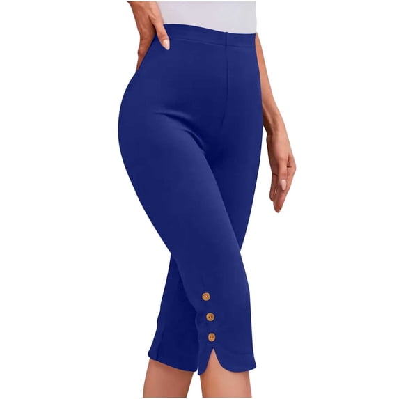 dazeni Plus Size Capri Leggings for Women S-5XL High Waisted Tummy Control Yoga Cropped Leggings Button Side Slit Summer Gym Workout Tight Blue M