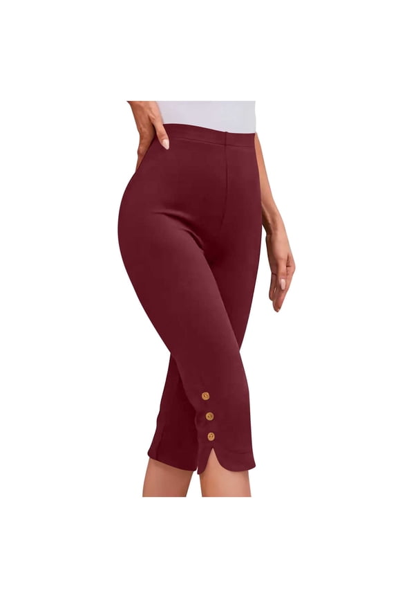 Plus Size Capri Leggings for Women S-5XL High Waisted Tummy Control Yoga Cropped Leggings Button Side Slit Summer Gym Workout Tight Wine XXXL