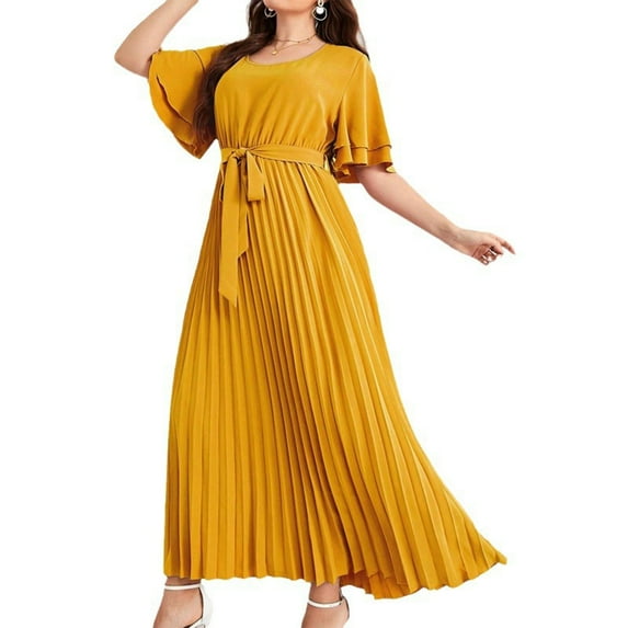 dazeni Plus Size Dresses for Curvy Women Round Neck Wedding Guest Maxi Dress Pleat Short Sleeve Boho Long Wrap Dress Casual Emprie Waist A Line Swing Dress