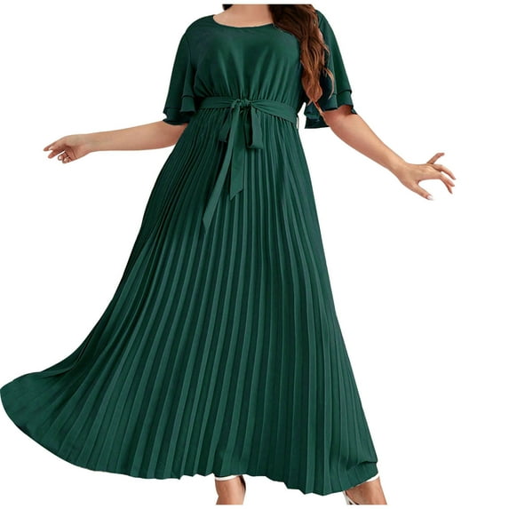 dazeni Plus Size Dresses for Curvy Women Round Neck Wedding Guest Maxi Dress Pleat Short Sleeve Boho Long Wrap Dress Casual Emprie Waist A Line Swing Dress