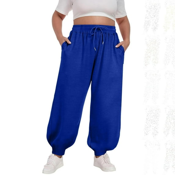 dazeni Plus Size Joggers Sweatpants for Women Pilates Wide Leg Pants Athletic Workout Baggy Sweatpants Solid Color Comfy Pocketed Curve Trousers Blue XL