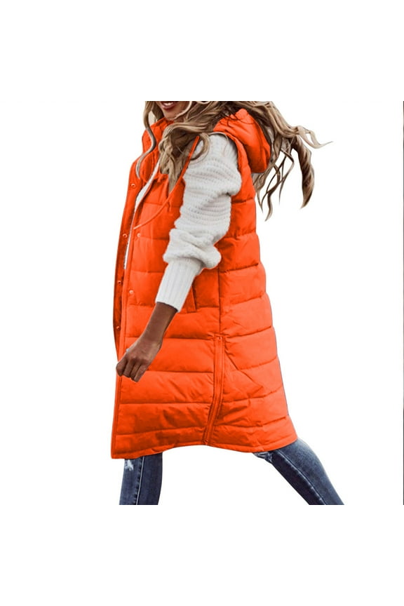 Plus Size Long Puffer Vest for Women Lightweight Down Vest Sleeveless Puffer Jacket with Hood Full Zip Winter Quilted Vest
