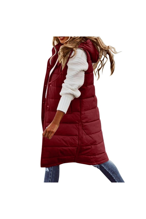 Plus Size Long Puffer Vest for Women Sleeveless Puffer Jacket with Hood Lightweight Down Vest Full Zip Winter Quilted Vest