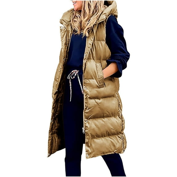 dazeni Plus Size Long Puffer Vest for Women Sleeveless Puffer Jacket with Hood Lightweight Down Vest Full Zip Winter Quilted Vest
