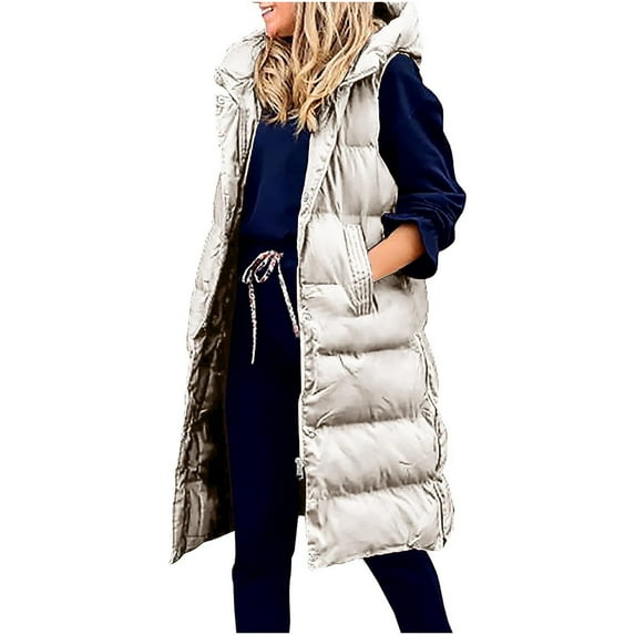 dazeni Plus Size Long Puffer Vest for Women Sleeveless Puffer Jacket with Hood Lightweight Down Vest Full Zip Winter Quilted Vest