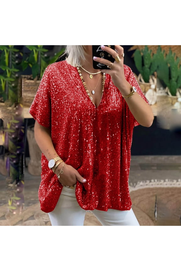Plus Size Sequin Tops for Women Oversized Sparkly Blouses Dressy Casual Loose Deep V Half Sleeve Evening Party Shirts S-3XL