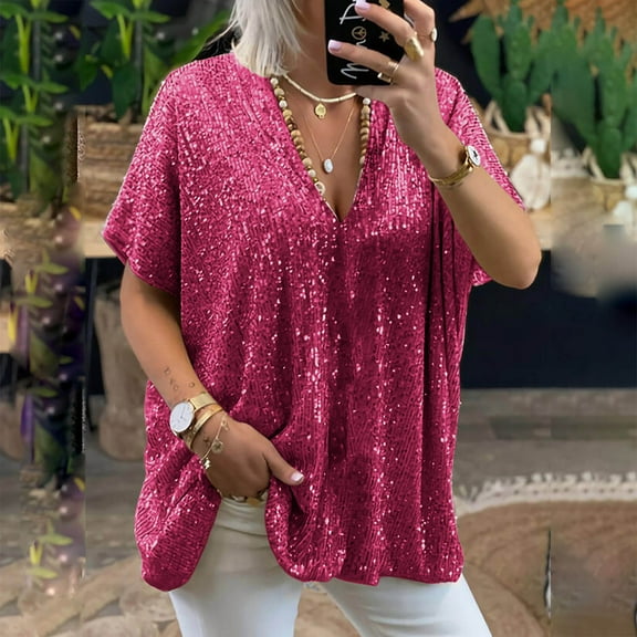 dazeni Plus Size Sequin Tops for Women Oversized Sparkly Blouses Dressy Casual Loose Deep V Half Sleeve Evening Party Shirts S-3XL