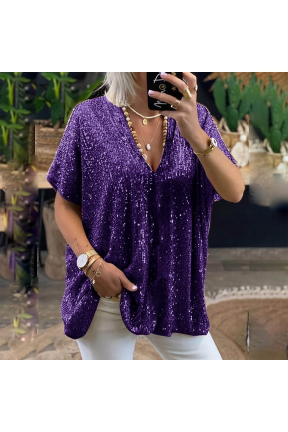 Plus Size Sequin Tops for Women Oversized Sparkly Blouses Dressy Casual Loose Deep V Half Sleeve Evening Party Shirts S-3XL