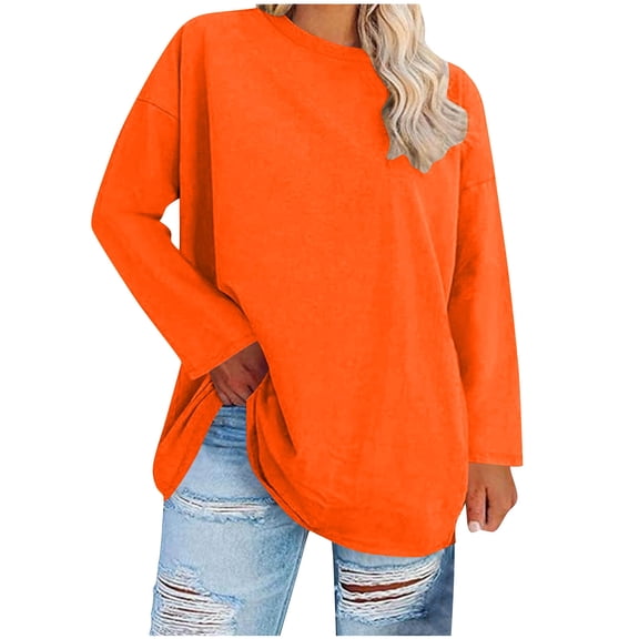 dazeni Plus Size Tops for Women Casual Loose Long Sleeve Crewneck Tunic Tops Solid Basic T-Shirt Spring Summer Tee Orange 5X-Large