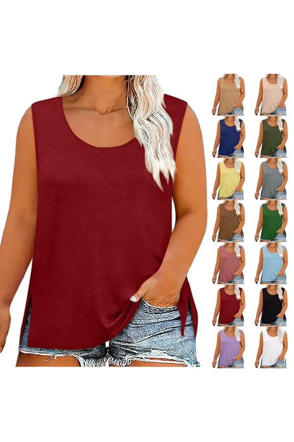 Plus Size Tunic Tops for Womens Casual Basic Tank Tops Lightweight Crewneck Sleeveless Tee Solid Summer Beach Shirs Side Split Brown 3X-Large