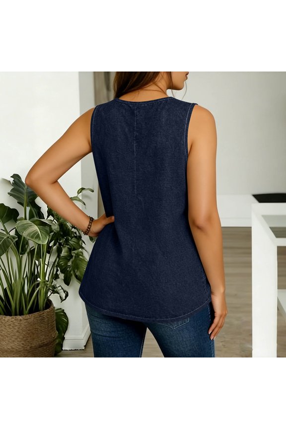 Plus Size Tunic Tops for Womens XL-5XL Csaual Sleeveless Tunic Shirts Summer Crewneck Denim Shorts Fashion Clothes Dark Blue 5X-Large