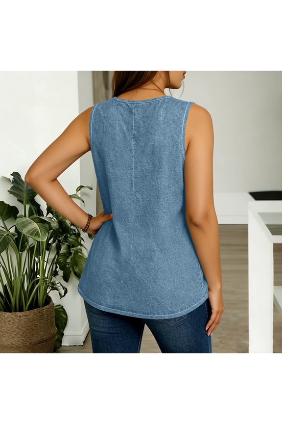 Plus Size Tunic Tops for Womens XL-5XL Csaual Sleeveless Tunic Shirts Summer Crewneck Denim Shorts Fashion Clothes Light Blue 4X-Large