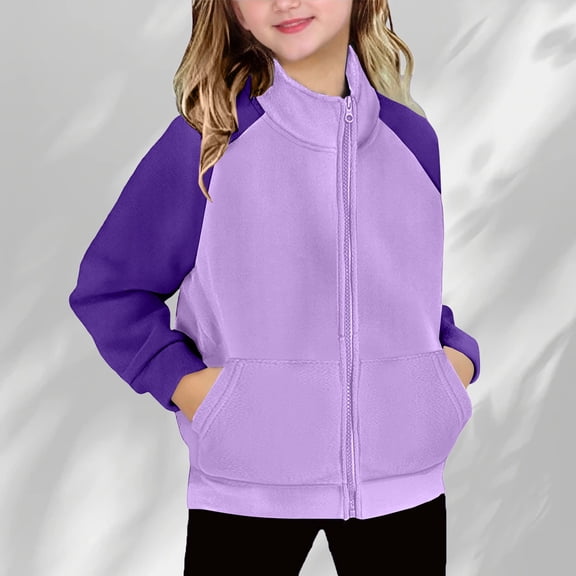 dazeni Polar Fleece Sweatshirts Jackets for Teen Girls 5-14T Cute Color Block Zip Up Sweatshirt Loose Long Sleeve Pullover Tops Kids Girl Clothes Purple 12 Years